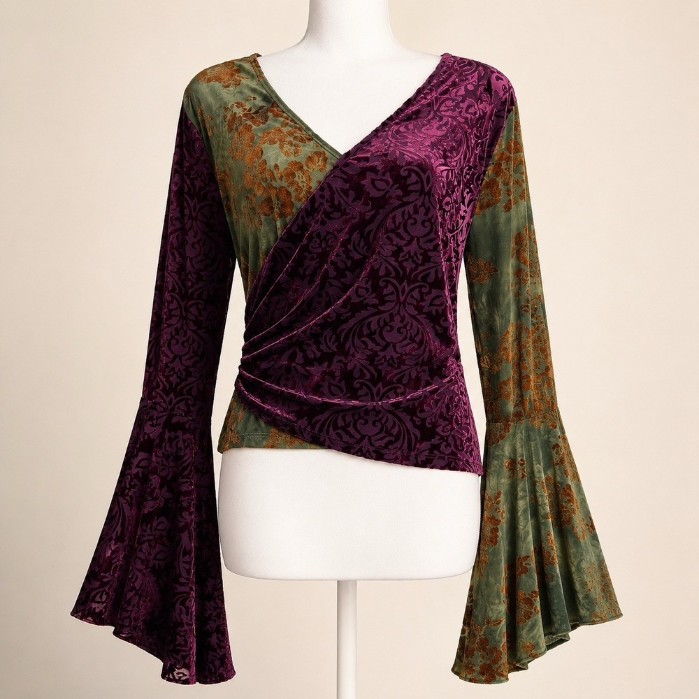 Women Velvet Burnout Faux Wrap Top 1XL Bell Sleeve Whimsigoth Fairy Grunge Y2K